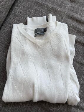 Talbots White Unisex V-Neck Textured Knit Sweater Pima Cotton